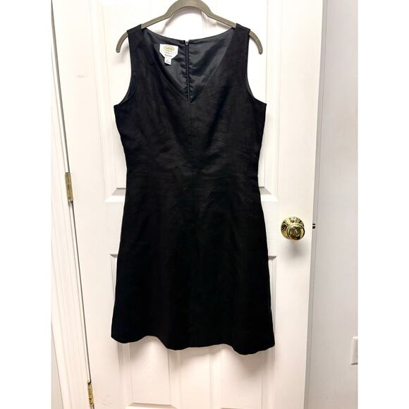 Vintage Talbots Black Linen Dress Lined Fit Flare Sleeveless V Neck Women's 10 - Picture 1 of 6
